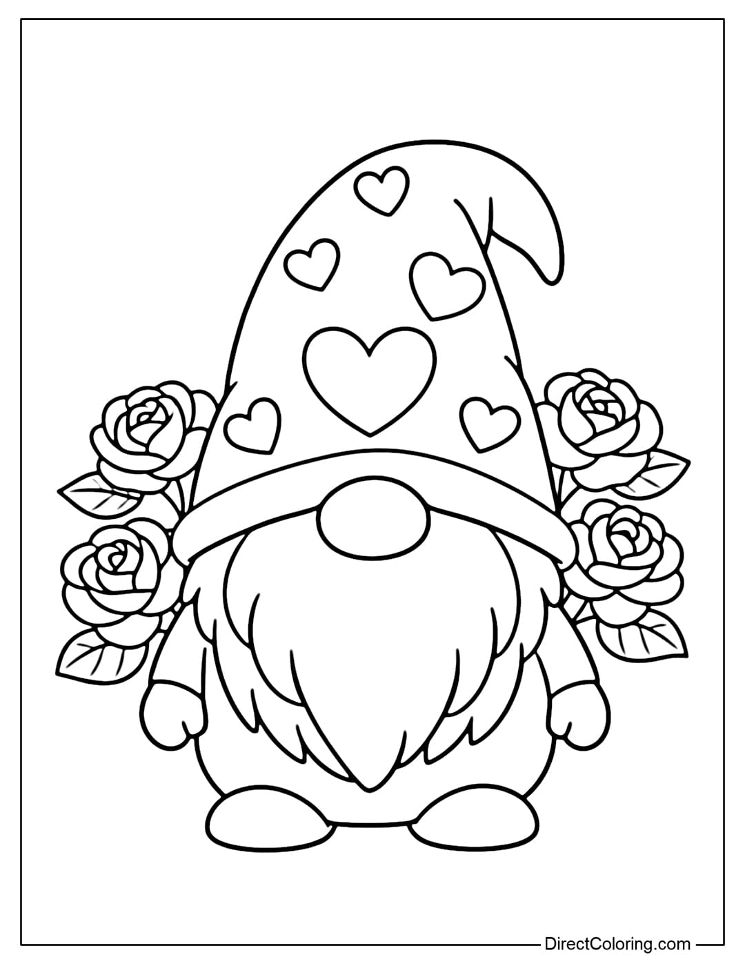 A coloring page of a gnome wearing a large hat decorated with heart patterns, surrounded by a few simple roses.