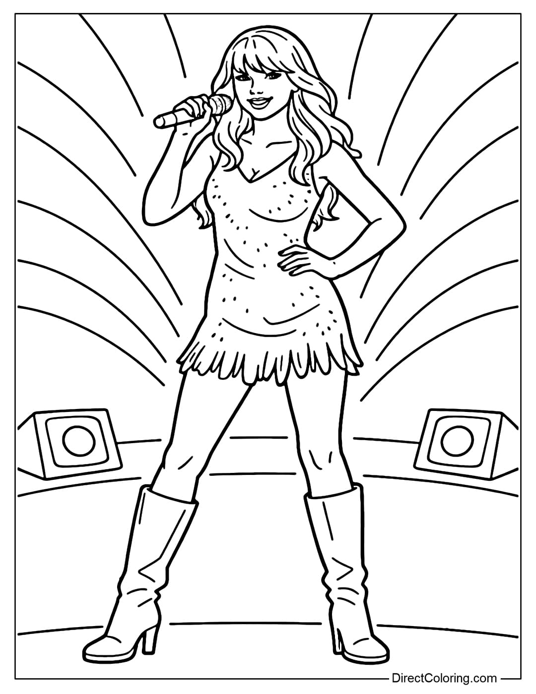 A coloring page of Taylor Swift holding a microphone and performing on stage, with a confident pose.