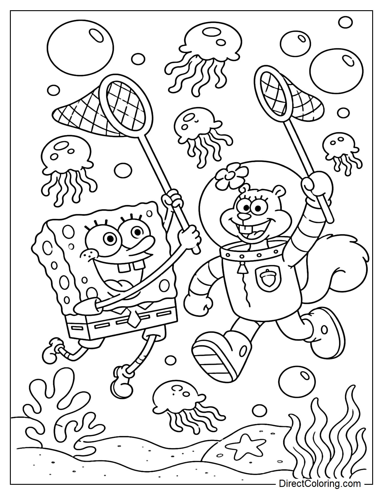 SpongeBob and Sandy are happily catching jellyfish with nets, surrounded by some small jellyfish and water bubbles.