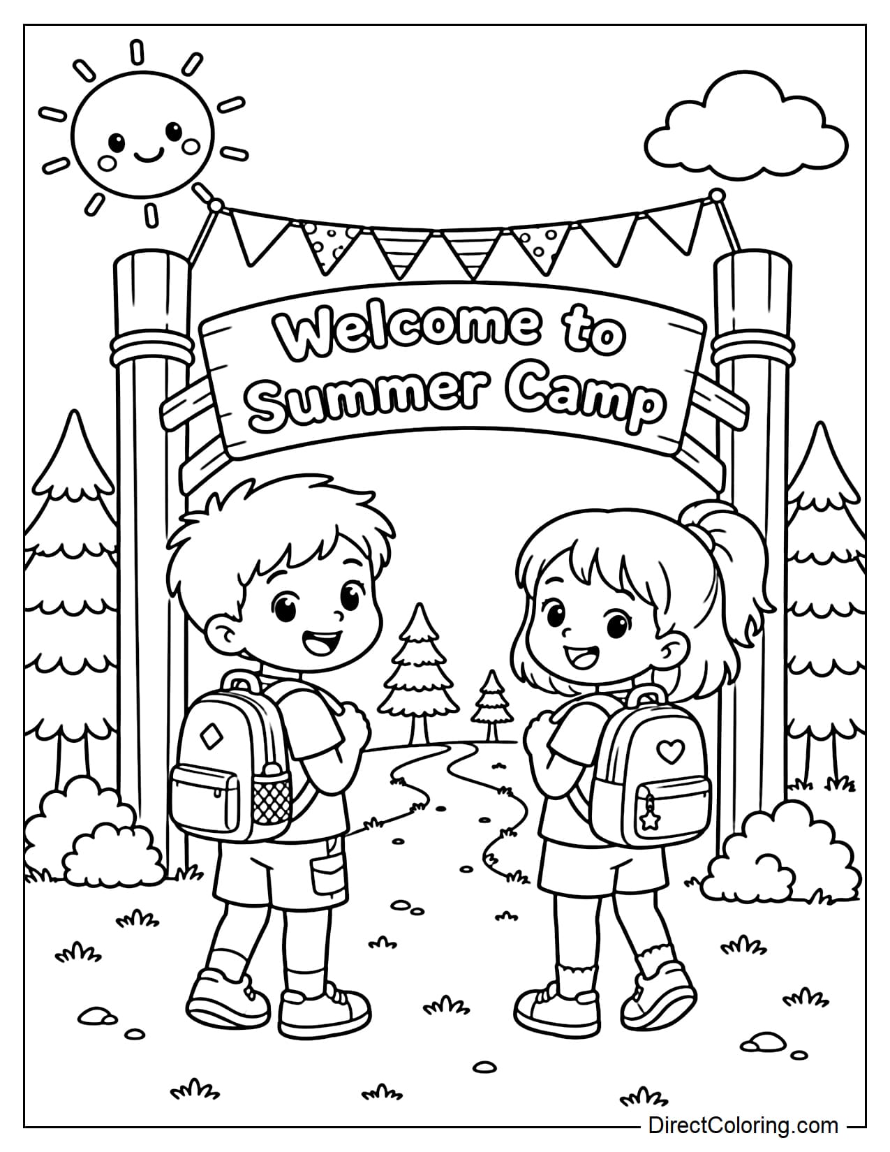 Two children with backpacks stand in front of the summer camp gate with a sign that says 