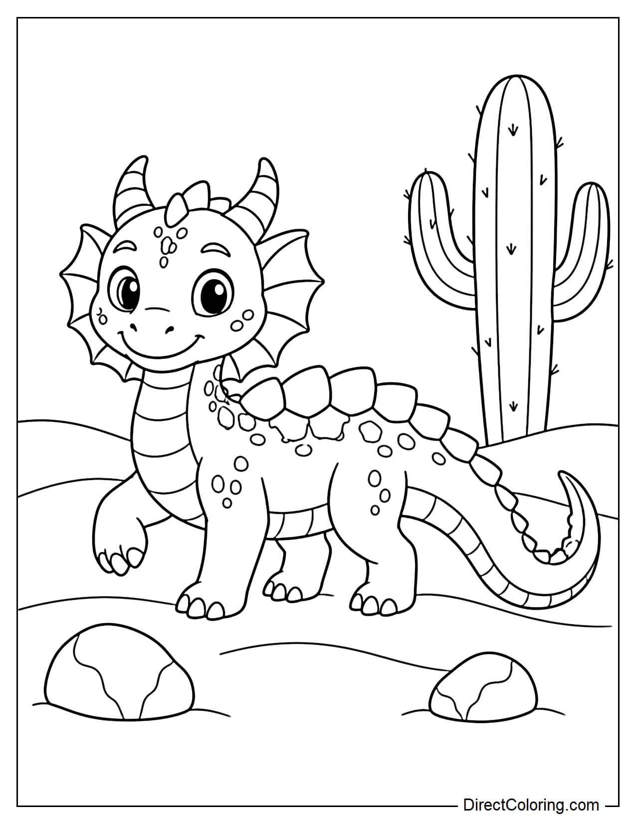 A wingless desert dragon is slowly walking across a sandy area, with a cactus and two round rocks nearby.