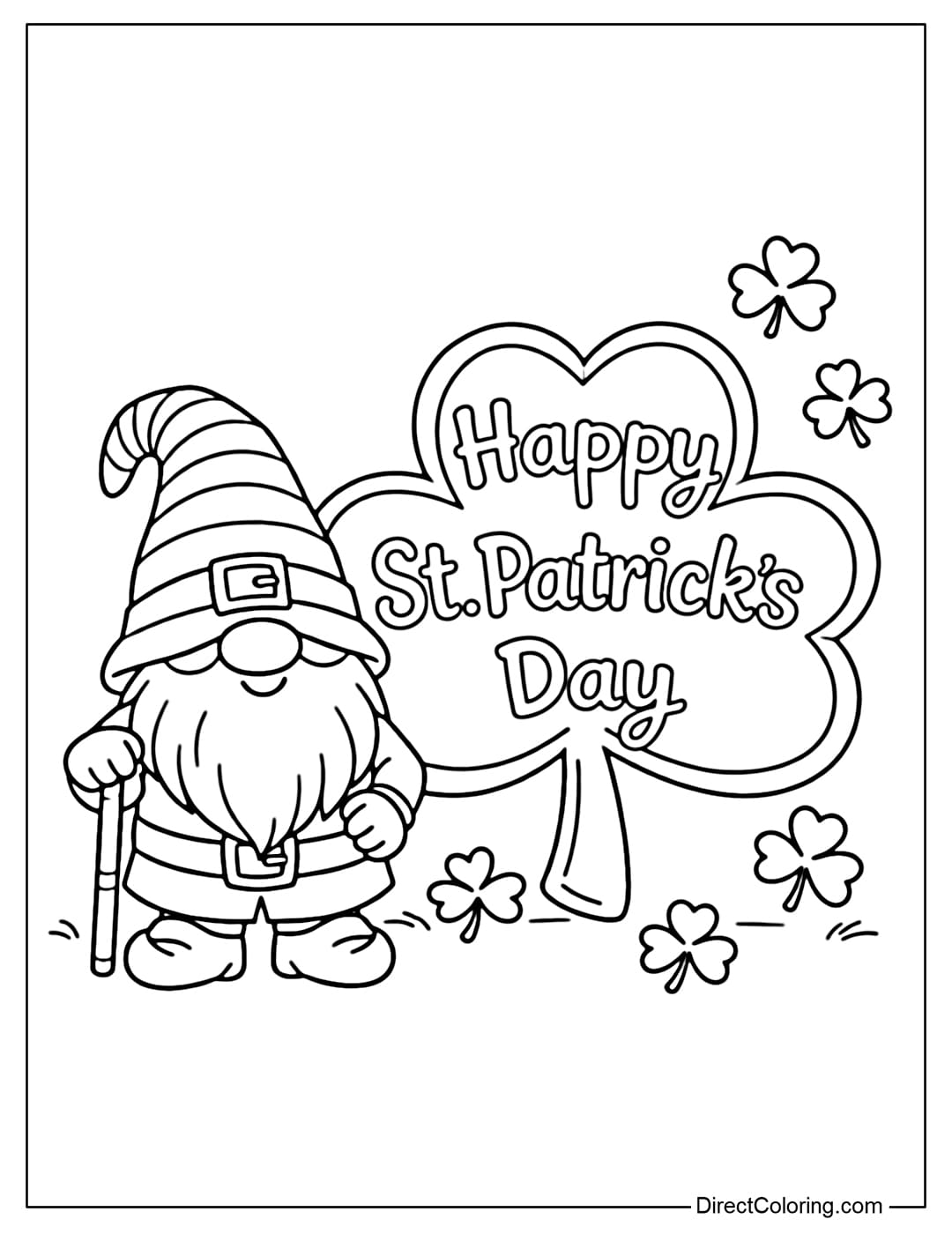 A coloring page of a cute gnome wearing a blue hat standing next to a shamrock with the words 