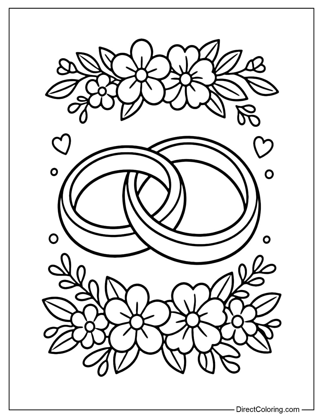 A coloring page of two intertwined wedding rings, surrounded by simple floral decorations.