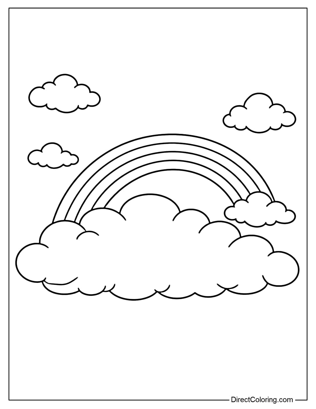 A large cloud under a soft, curved rainbow, with a few smaller clouds around it.