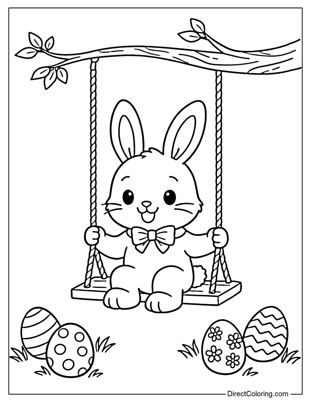 An Easter bunny coloring page showing a bunny sitting on a swing, with a gently curved tree branch above and scattered Easter eggs below.