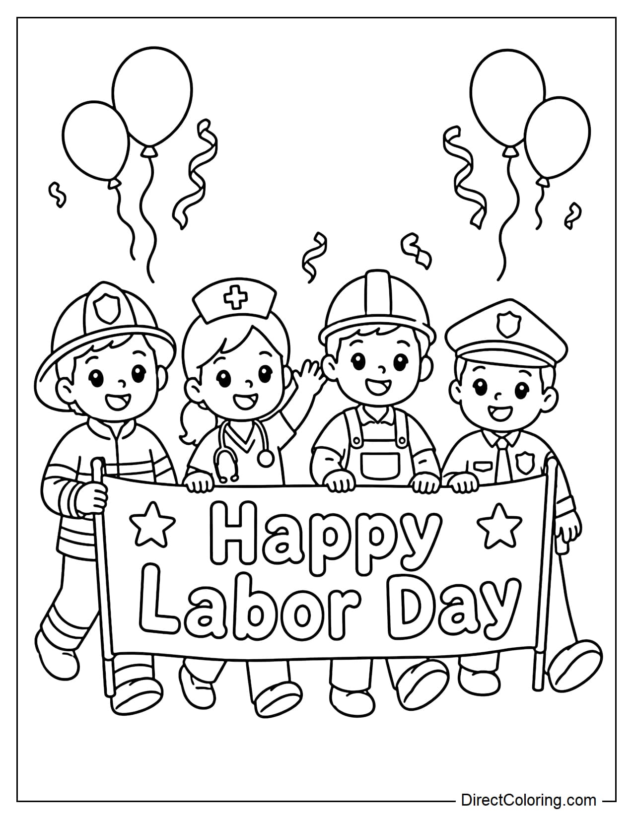 A group of cheerful workers walk together in a small parade, holding 
