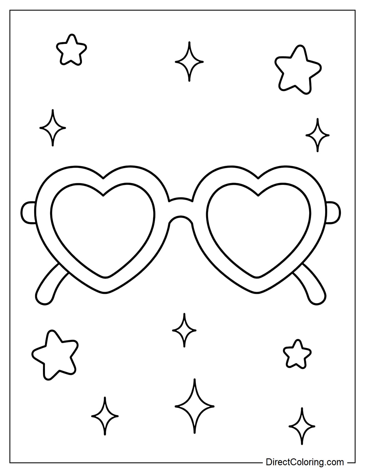 A cute heart-shaped pair of sunglasses with a soft, rounded frame, surrounded by small stars and sparkling rays.