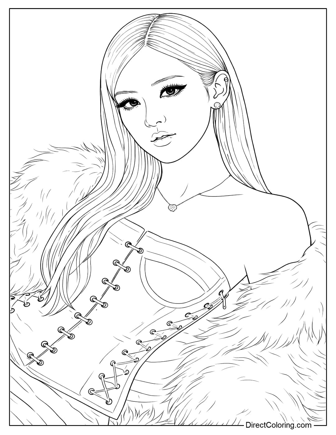 A beautiful Rosé Blackpink coloring page featuring deep eyes, captivating gaze, and elegant demeanor.