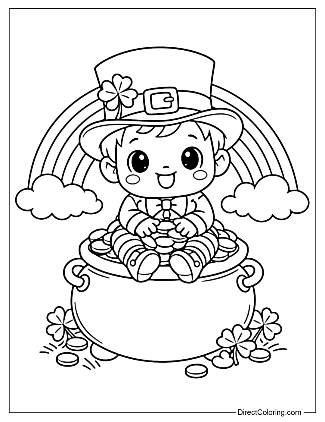 A coloring page of an adorable baby Leprechaun sitting on a pot of gold, with a rainbow behind it.