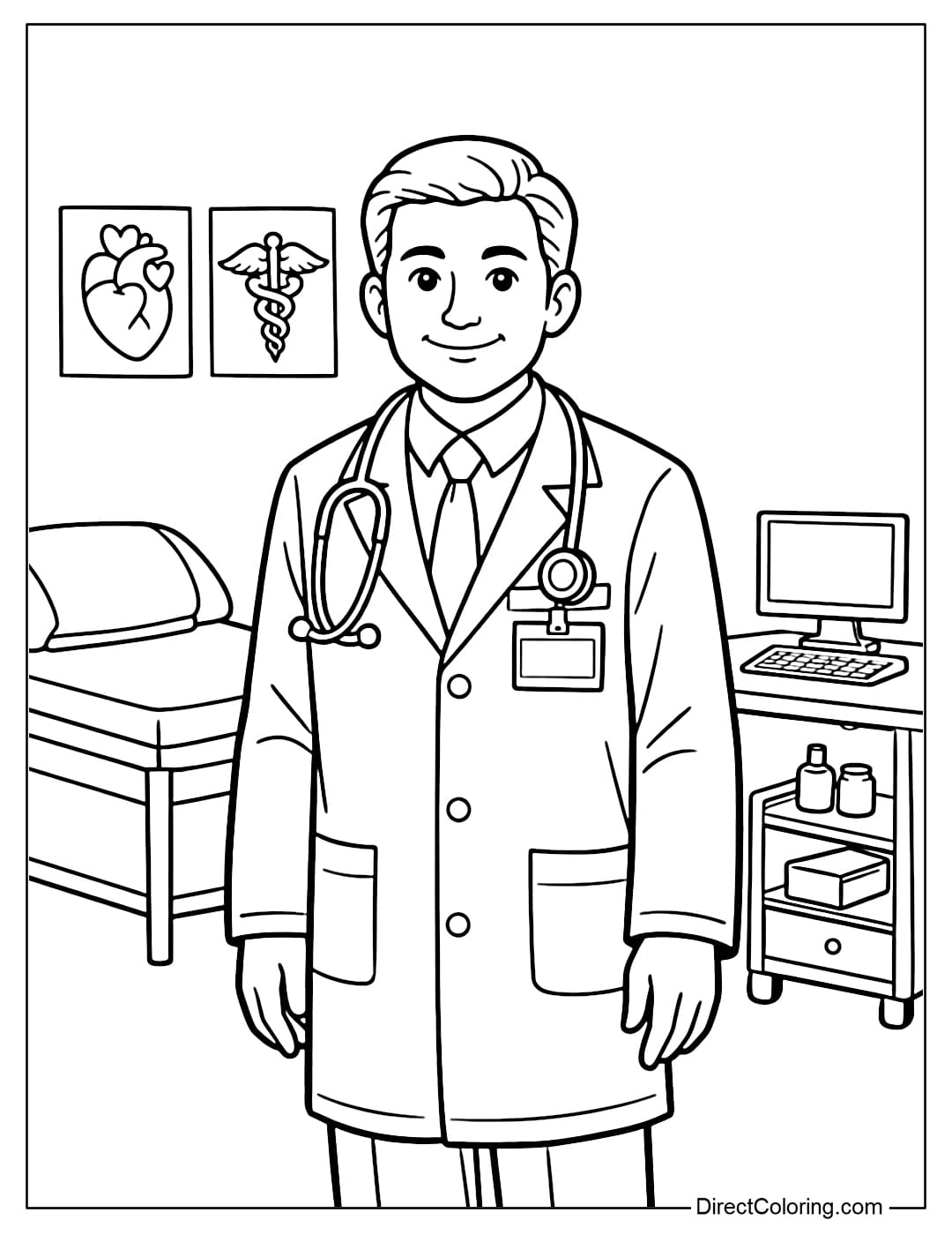 A coloring page of a doctor standing in a simple examination room, with both hands hanging down naturally.