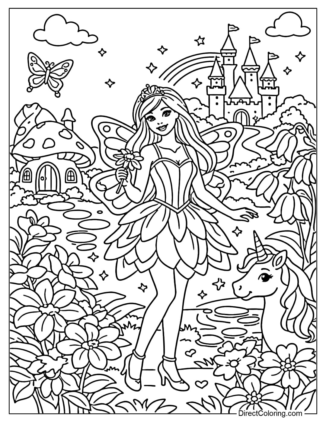 Barbie in a magical garden full of fantastical flowers.