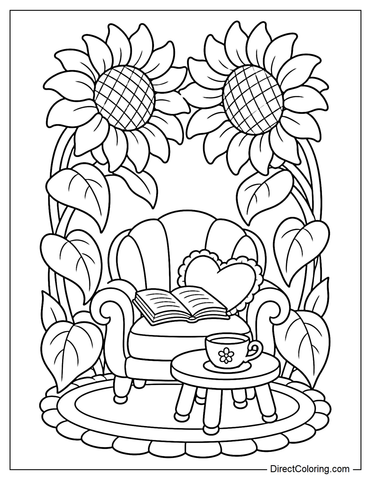 A rounded armchair sits beneath two giant sunflowers curving overhead to form a canopy. A book and heart-shaped pillow rest on the chair, with a round table holding a teacup in front.
