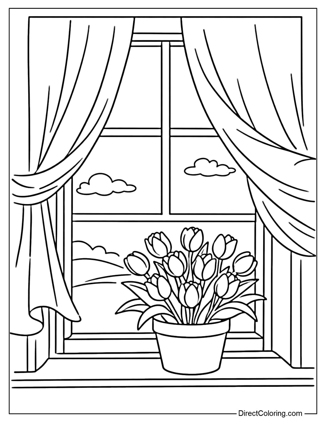A coloring page of tulips by the window sill, with curtains fluttering, creating a gentle and relaxing atmosphere.