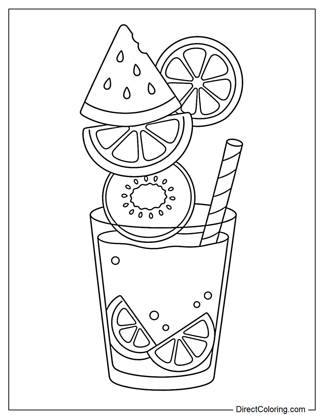 A glass decorated with stacked fruit slices such as watermelon, orange, and kiwi.