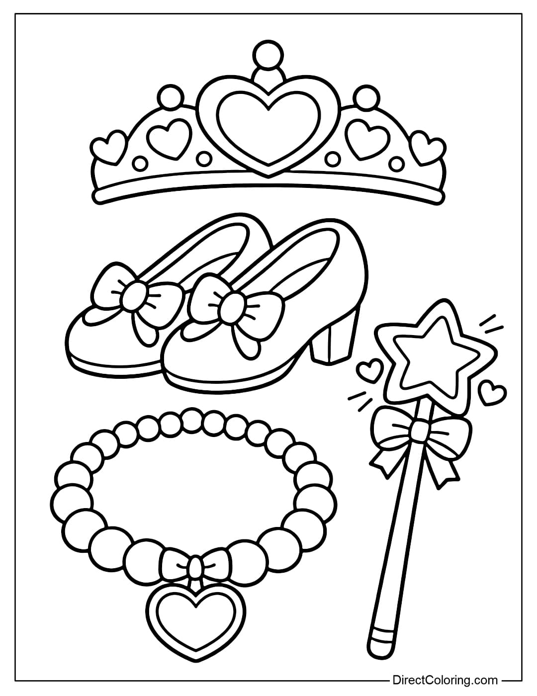 Coloring page of a princess accessories set including a crown, shoes, necklace, and magic wand in large shapes.