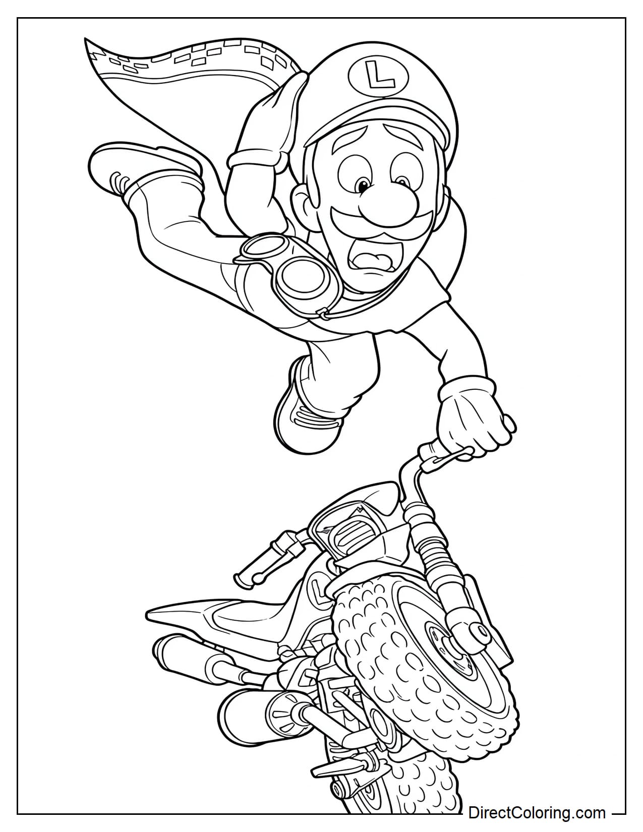Luigi, with a terrified expression, performs a spectacular mid-air stunt on a dirt bike.