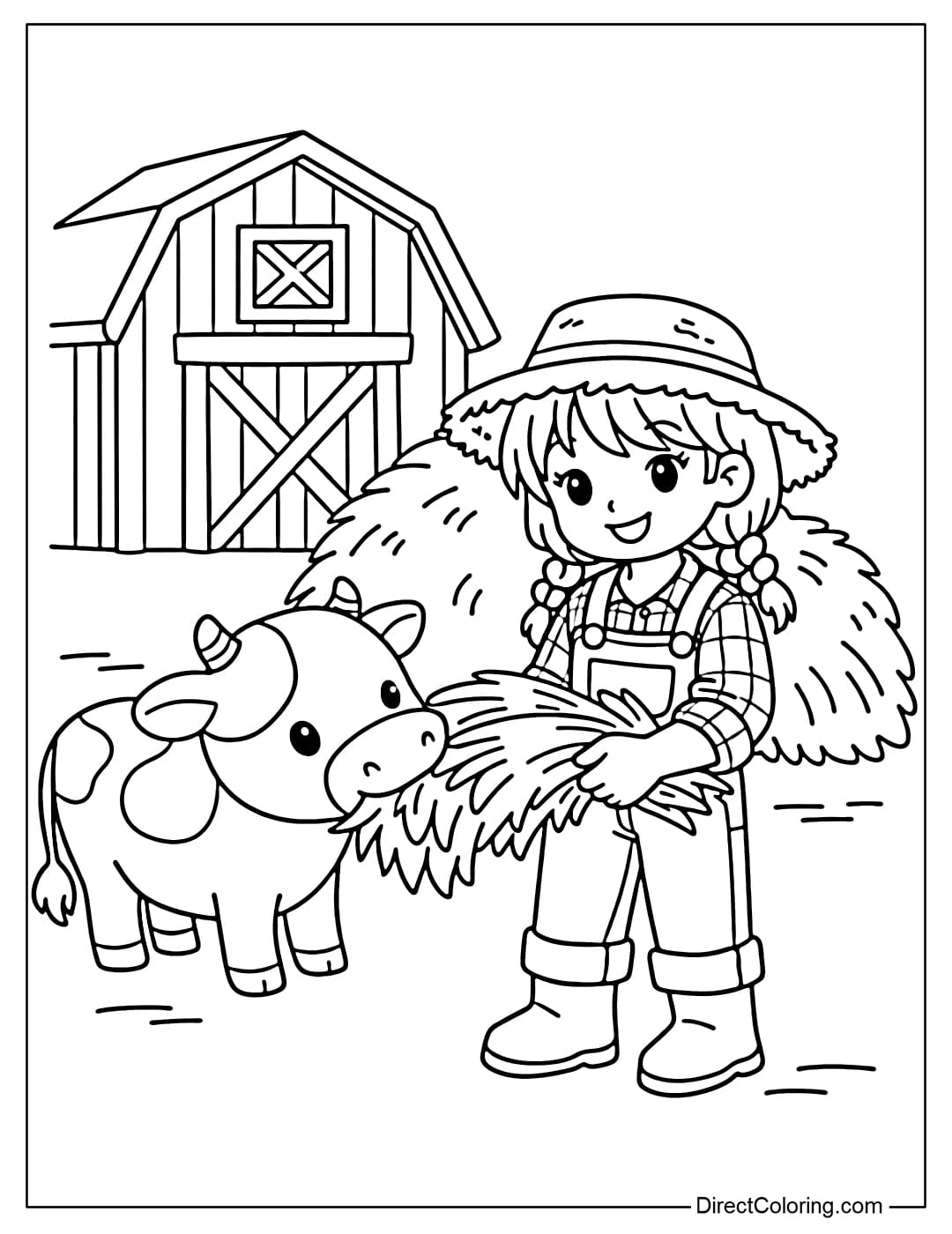 Coloring page of a girl feeding cow grass on the farm.