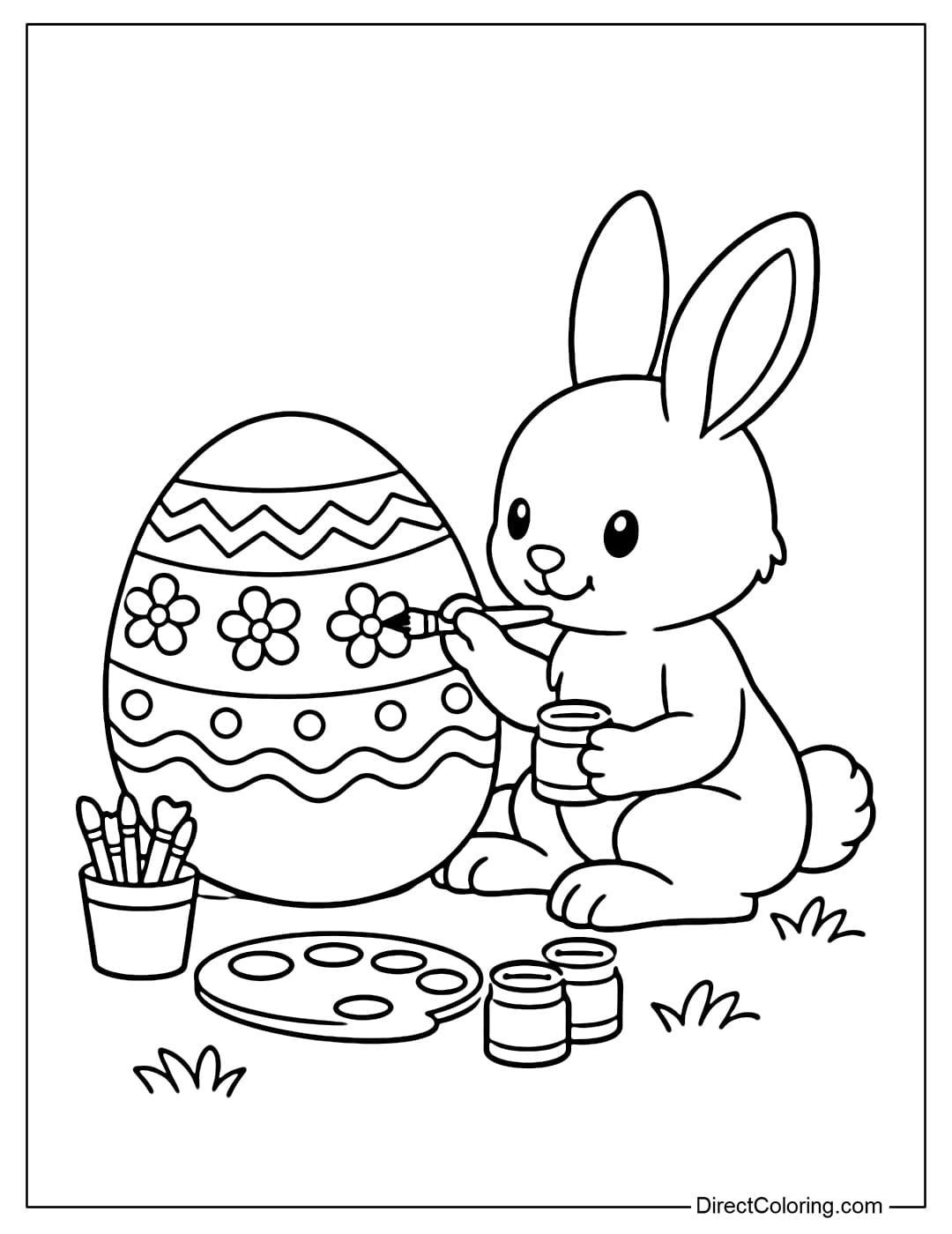 This coloring page shows a bunny sitting and painting on a large Easter egg.
