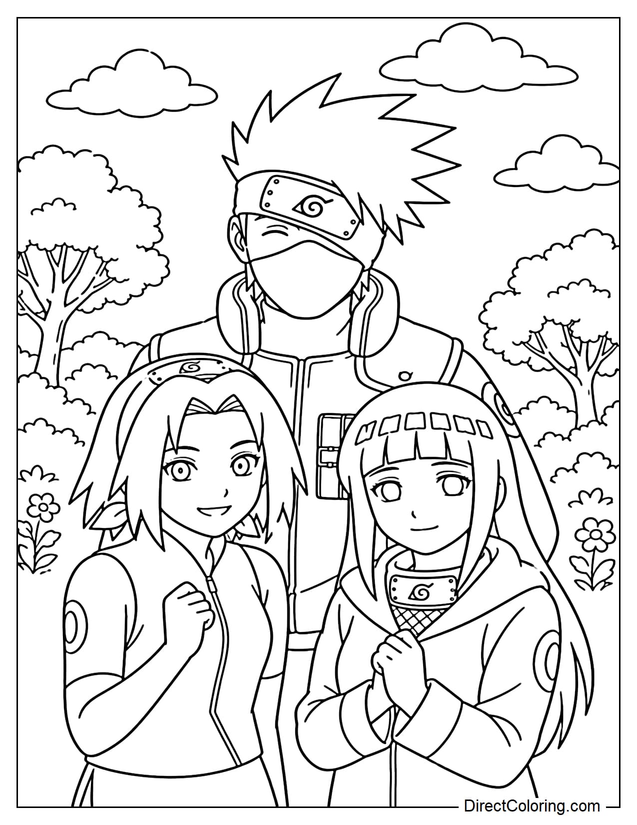 Kakashi, Sakura, and Hinata stand in a serene setting with clouds and trees in the background.