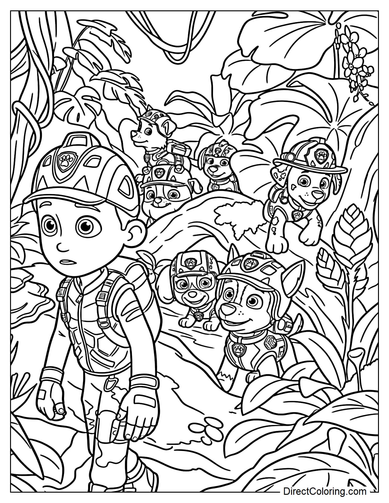 Ryder leads the Paw Patrol pups through a dense jungle, with the team following closely among large tropical leaves and vines.