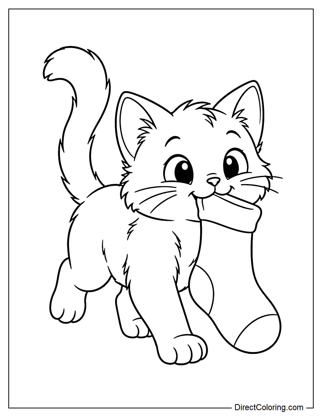 A cheerful kitten walks with its curved tail held high while carrying a large sock in its mouth.