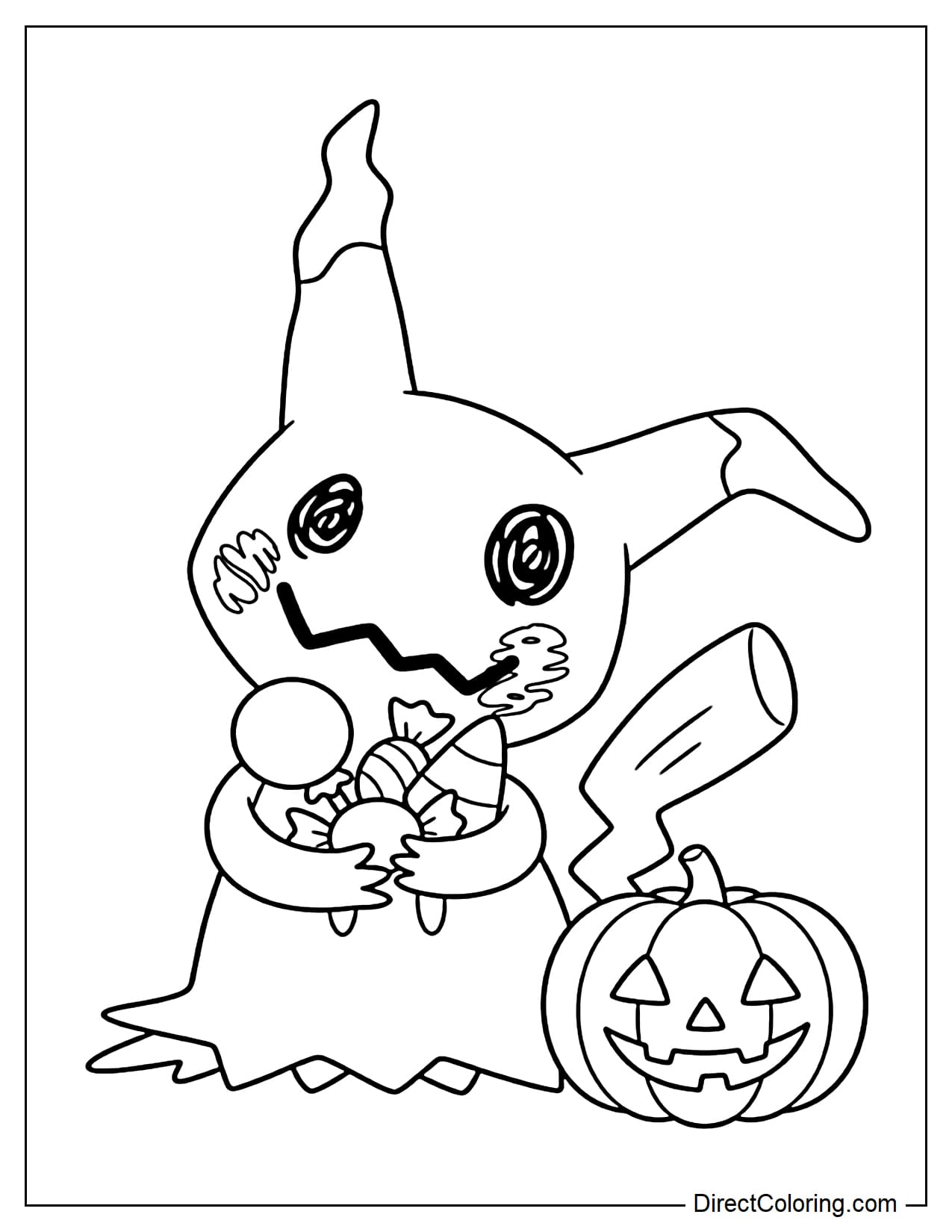Pokémon Mimikyu holding several large pieces of Halloween candy in its arms, with a simple Jack-o'-lantern beside it.