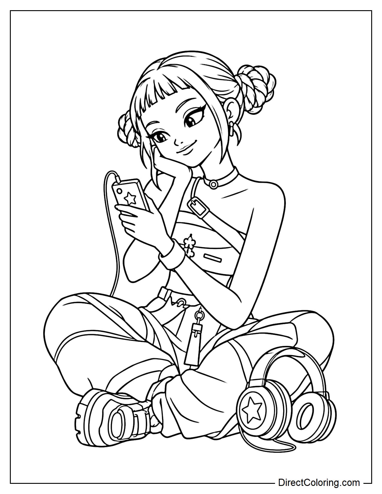 Zoey is sitting cross-legged on the floor, holding a small music player in one hand and looking down at the screen with an interested expression. A pair of headphones rests beside her.