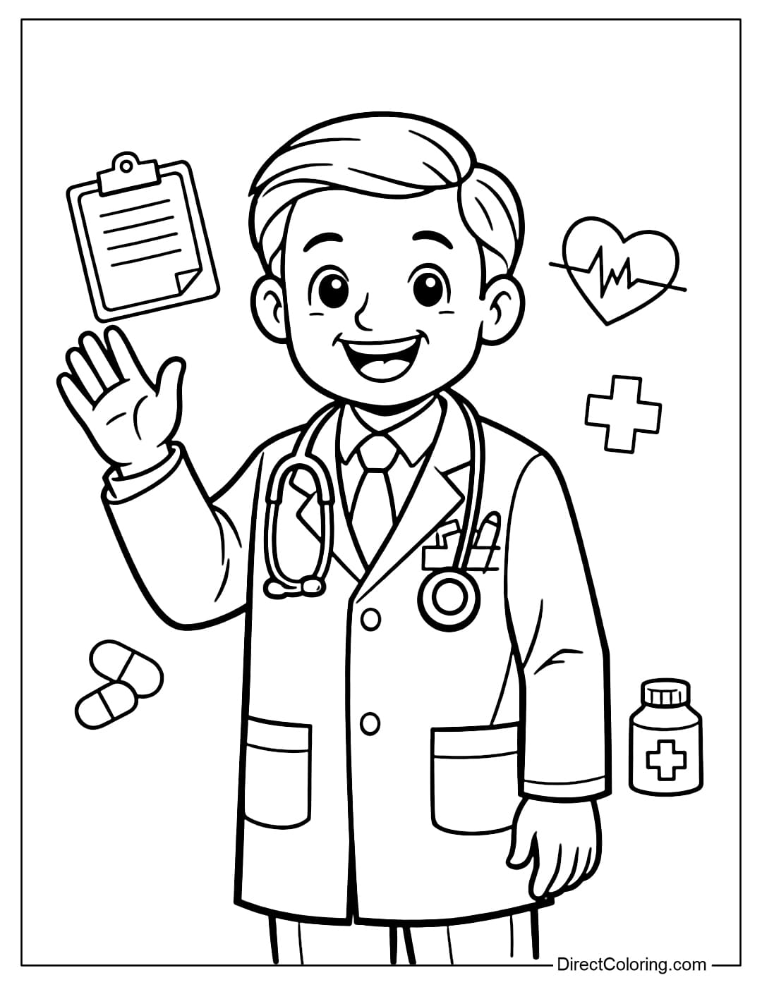 A doctor waving with one hand and the other hanging naturally, with a cheerful expression.