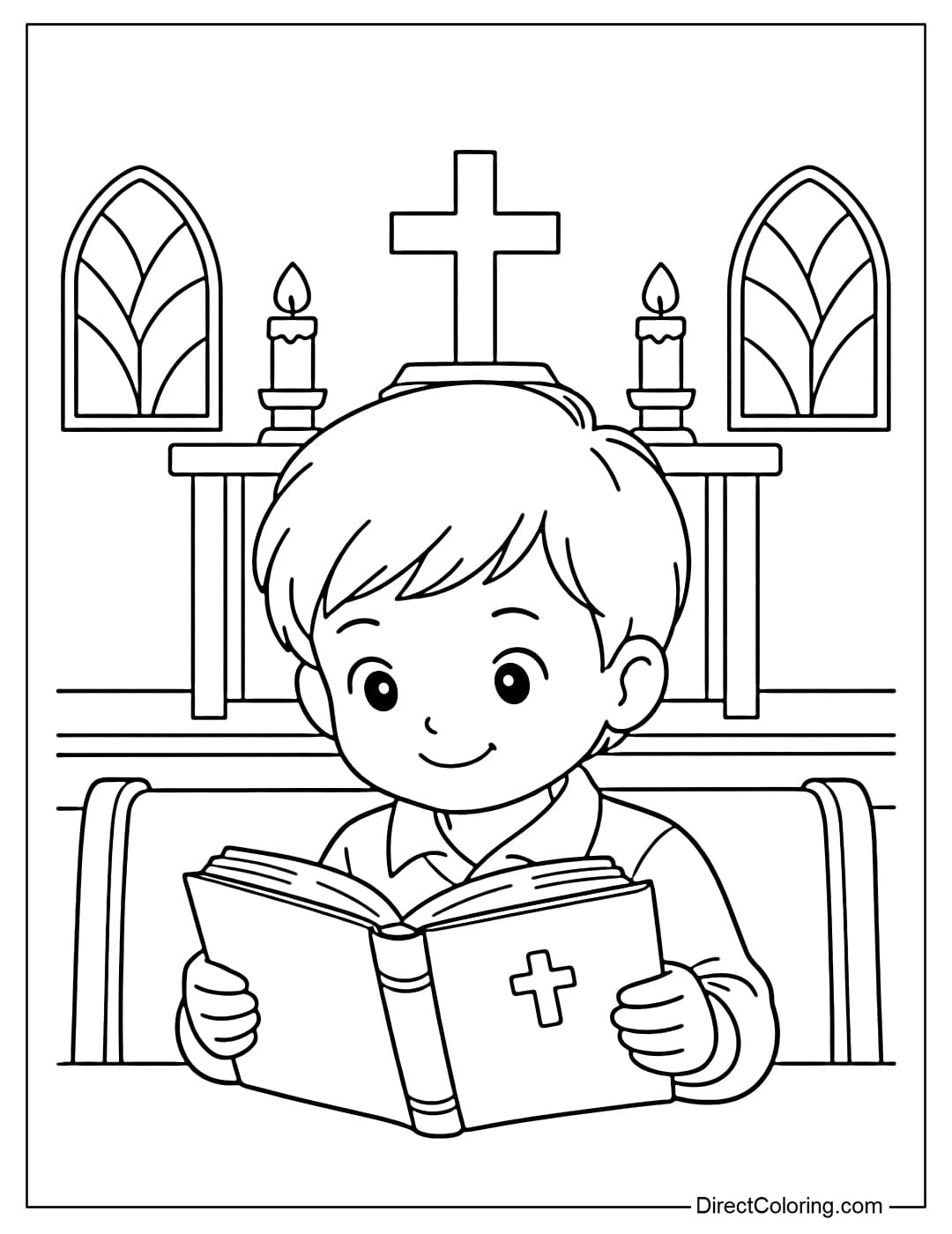 Coloring page of a child reading the Bible in a simple church setting.