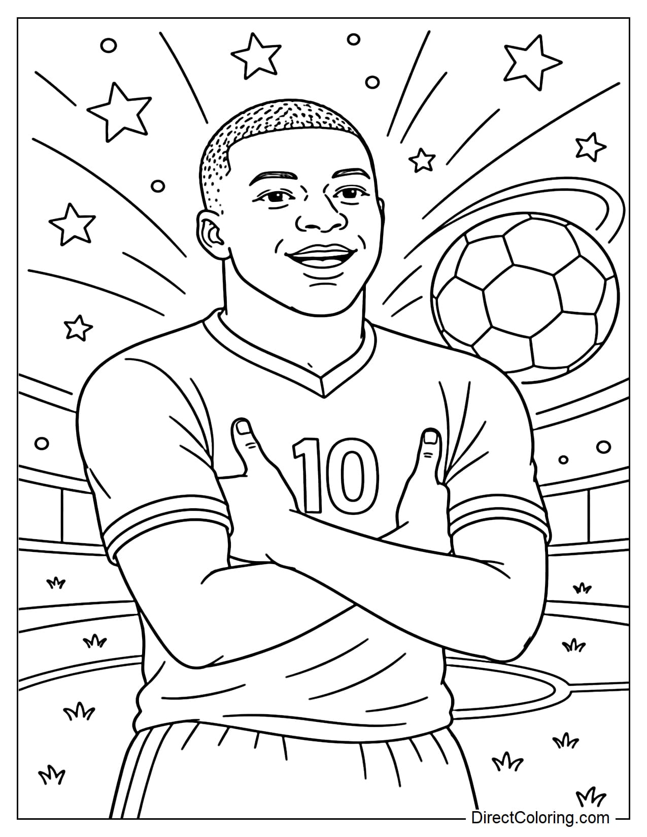 Kylian Mbappé wearing the number 10 jersey, striking his familiar pose with his arms crossed in front of his chest, hands lightly tucked under his armpits, with a ball, a field, and a few stars in the background.