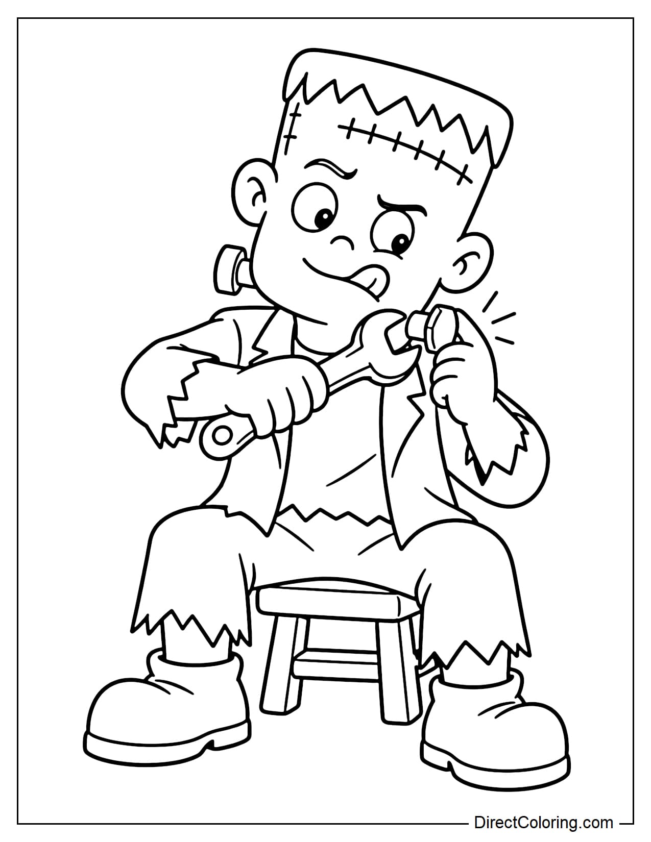 Frankenstein sits on a low stool, holding a large neck bolt with one hand while tightening it with a big wrench in the other.
