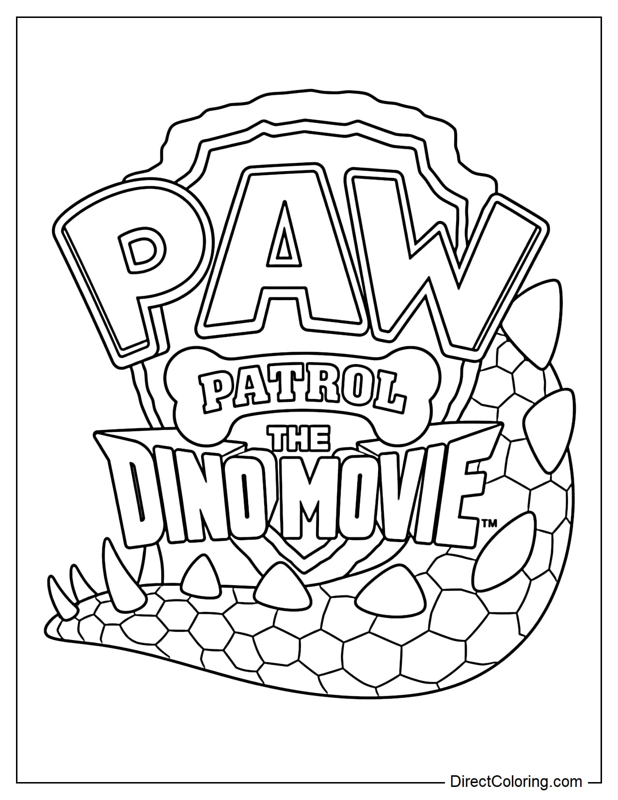 The Paw Patrol Dino Movie logo is centered on the page, surrounded by large dinosaur scales, spikes.