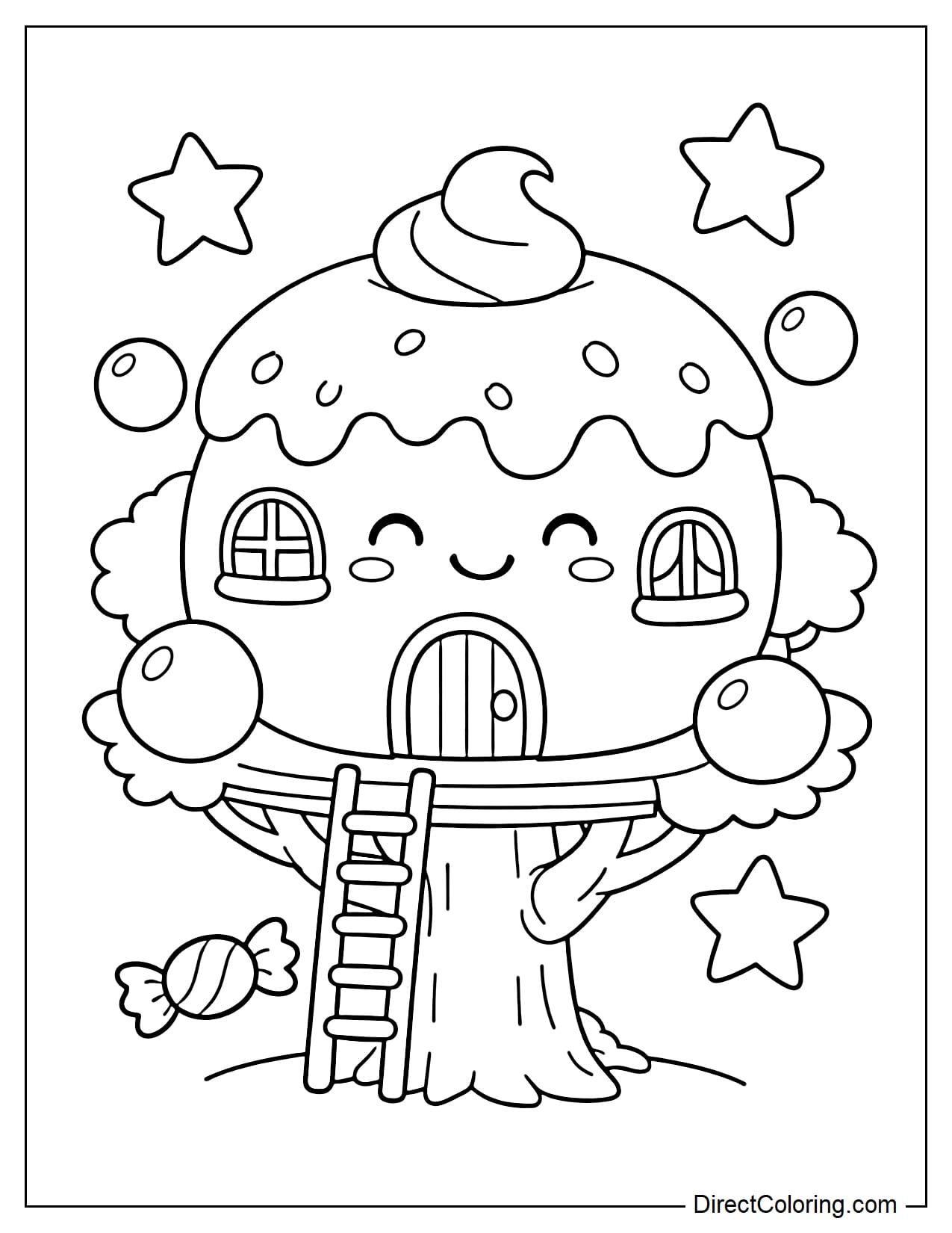 A treehouse shaped like a large gummy candy perched on a tree, with a round candy block body, a gummy candy topping, a smiley face, and several small round and star-shaped candies surrounding it.