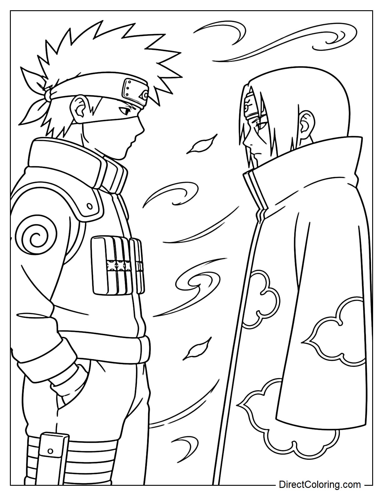 Kakashi and Itachi stood facing each other with calm expressions, surrounded by a few gusts of wind.