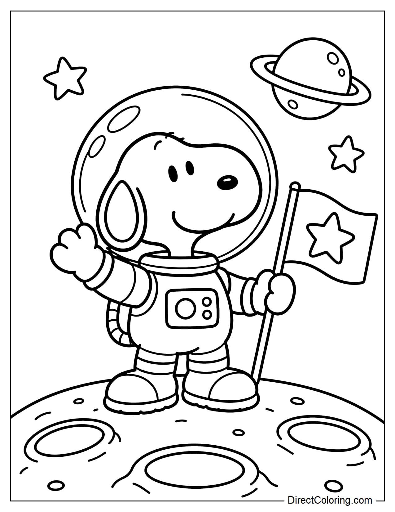 Snoopy wears an astronaut suit and stands on a planet with a few round craters. He waves with one paw while holding a flag decorated with a star in the other. A small ringed planet floats above.