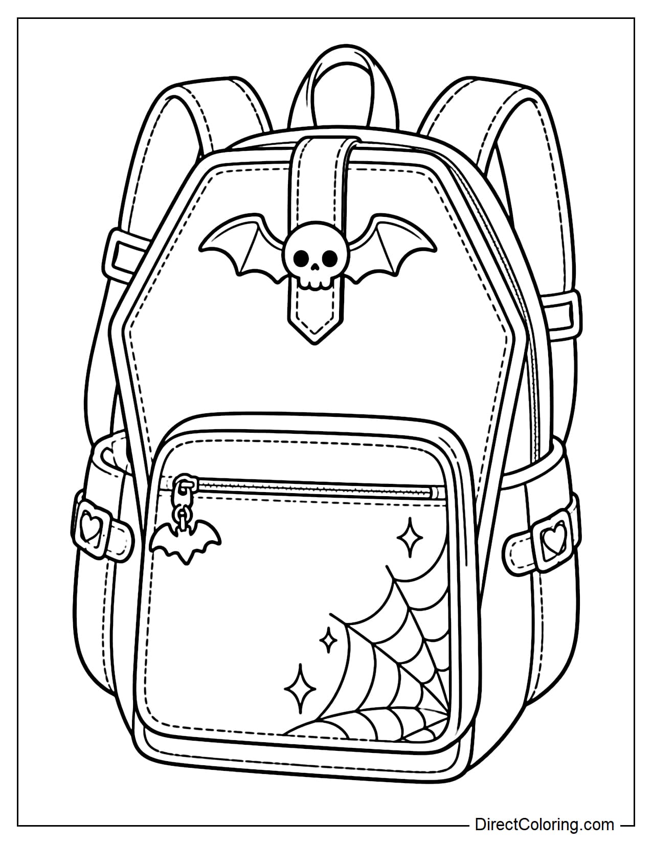 A large Halloween backpack shaped like a coffin, featuring a skull-and-bat main clasp and a front pocket decorated with a large spiderweb in one corner.