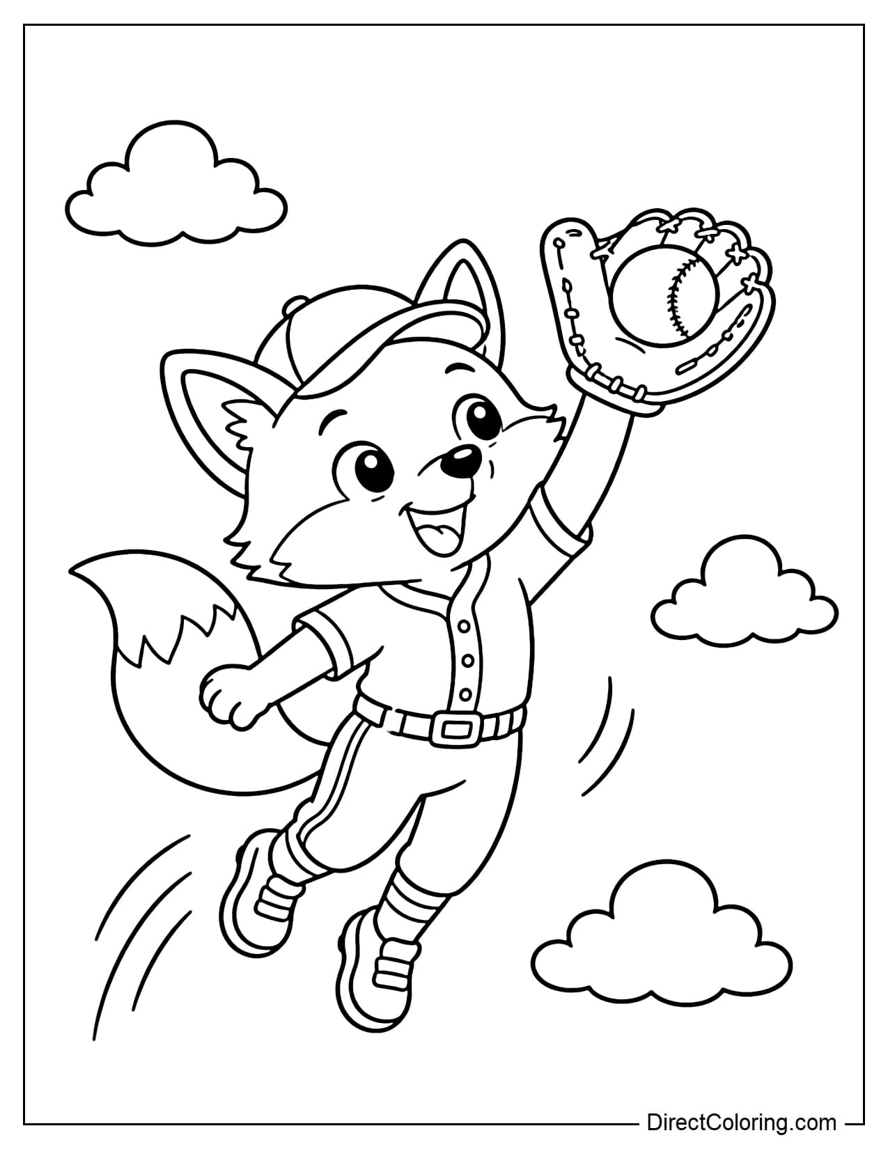 A cute fox, dressed in a simple baseball uniform and baseball cap, is wearing a baseball glove and raising it to catch a falling ball.