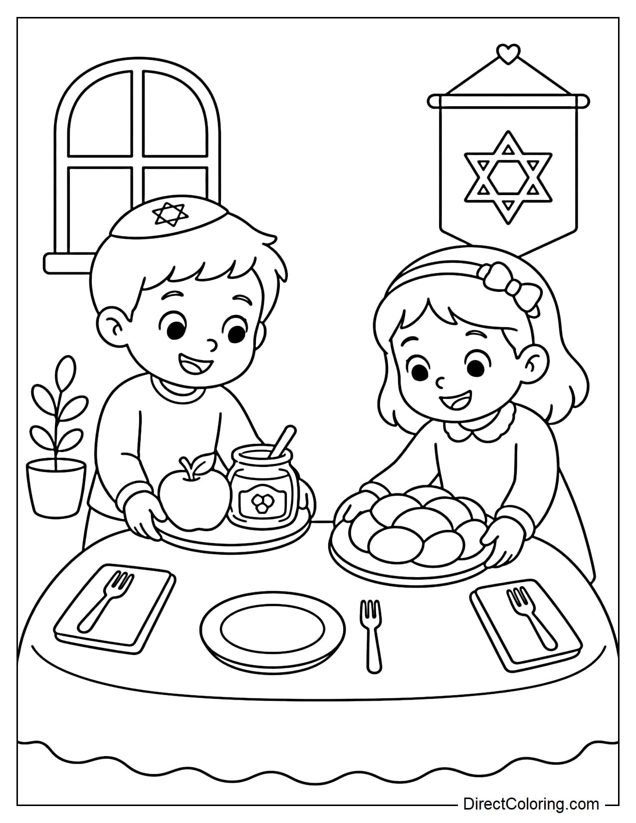 Two children happily prepare the Rosh Hashanah table; one places a plate of apples and honey, while the other sets down a round challah loaf.