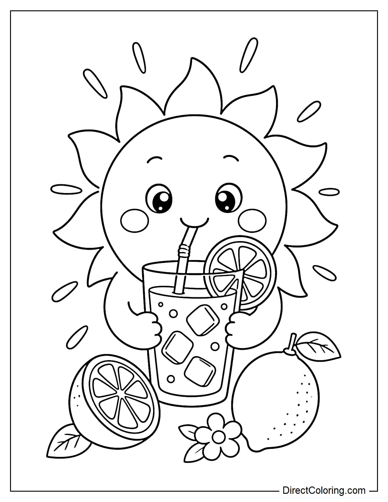 A lovely sun drinking a refreshing lemonade with a large lemon slice and some sunbeams.