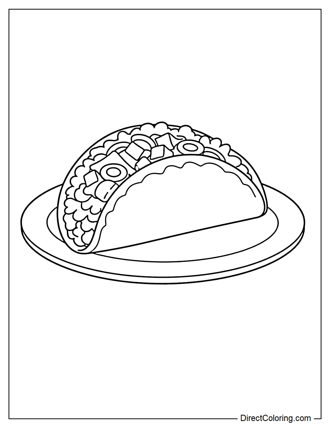 A taco is neatly placed on a round plate. The filling is generous with lettuce, onions, and various meats.