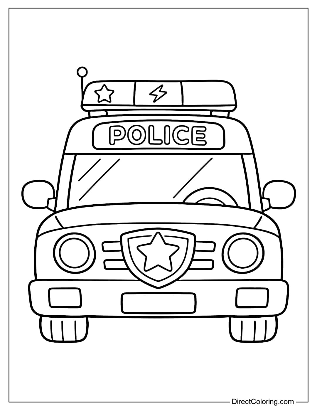 A coloring page of a police car viewed from the front with clear shapes.
