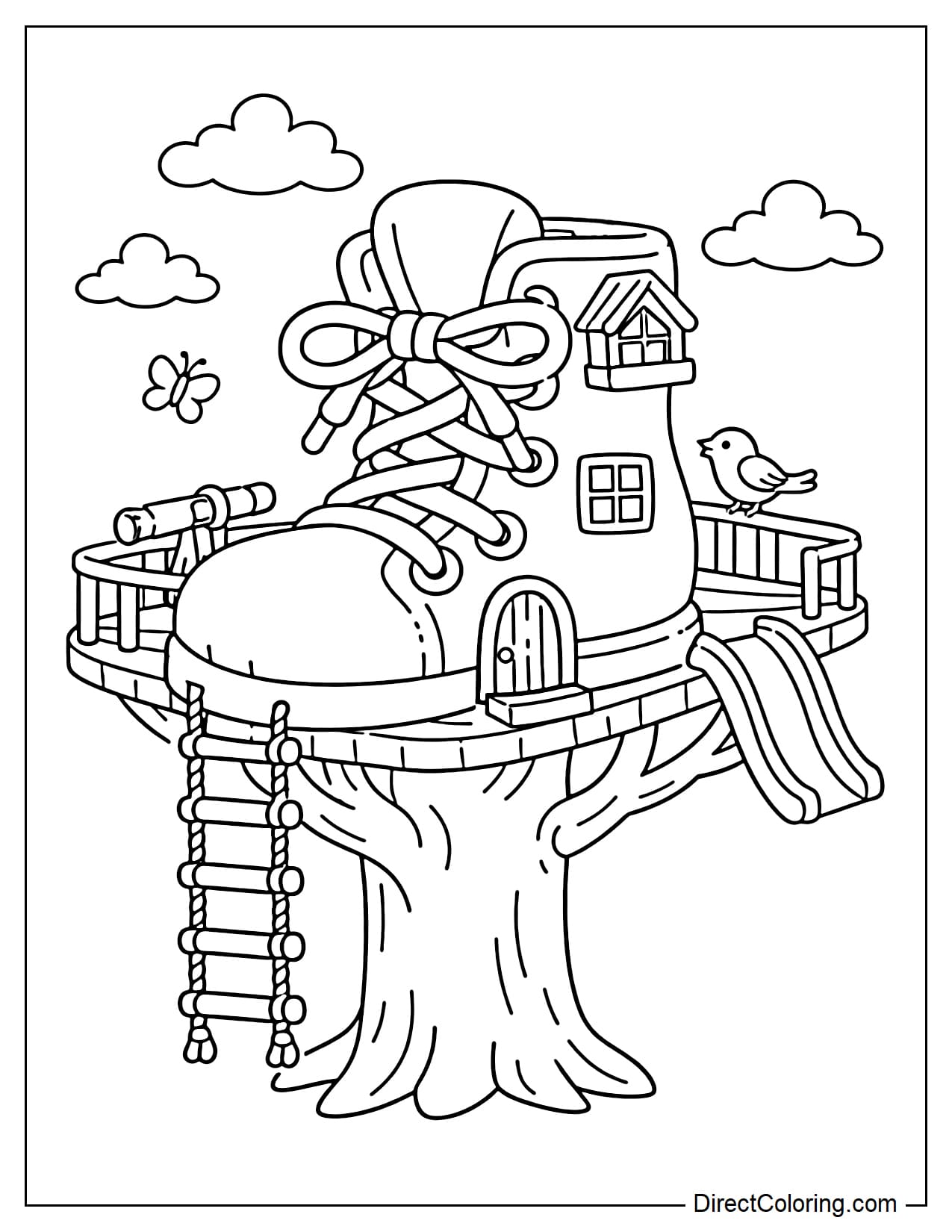 A treehouse shaped like a large shoe placed on a branch, with large, simple shoelaces and a small window on the shoe's body.