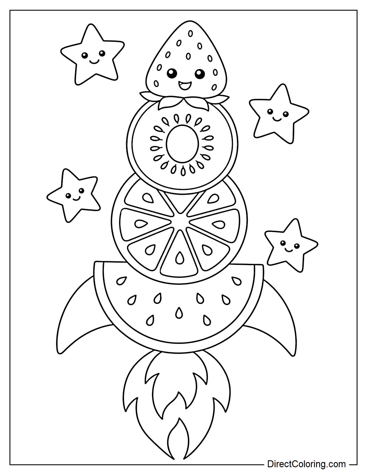 A playful rocket made from stacked fruit slices such as kiwi, orange, and watermelon, with a small strawberry forming the tip.