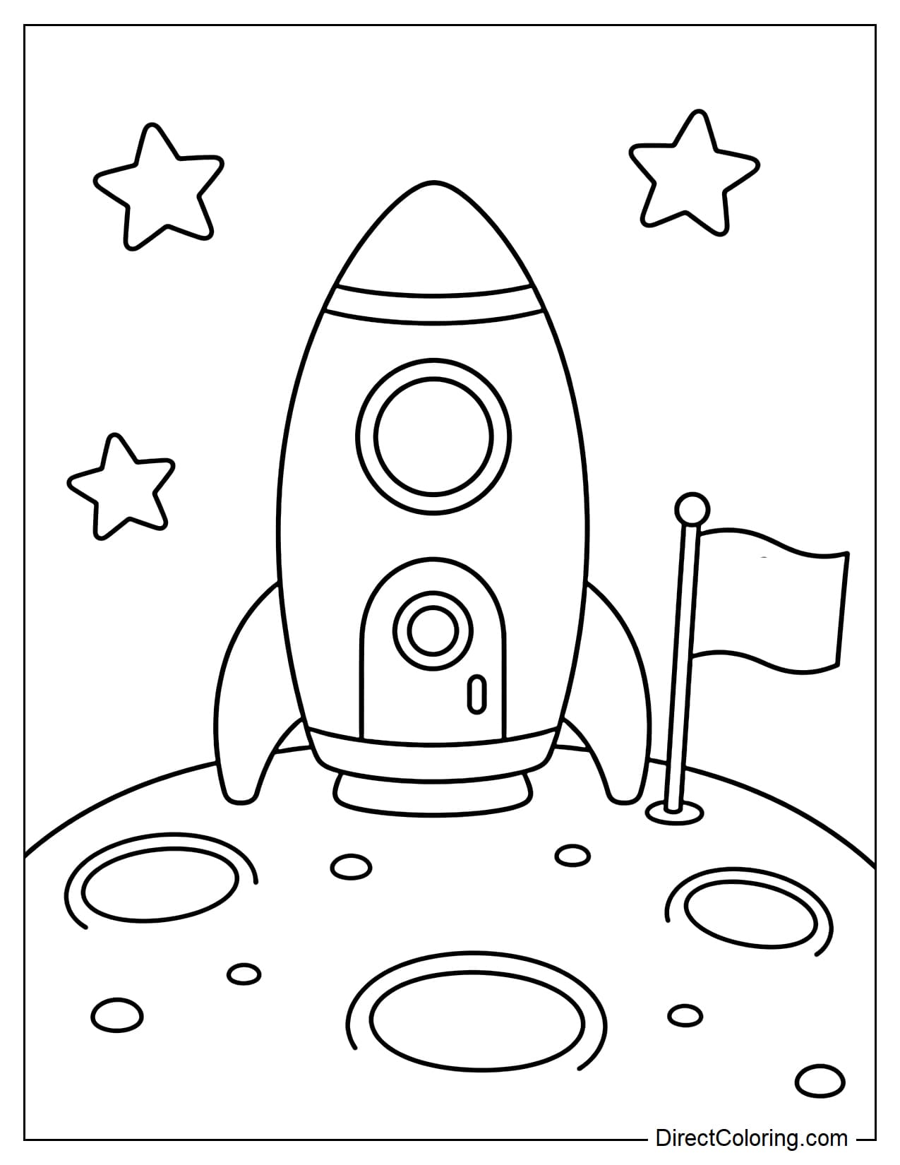A rocket parked on the Moon's surface among several large round craters, with a small flag nearby and a few large stars in the sky.