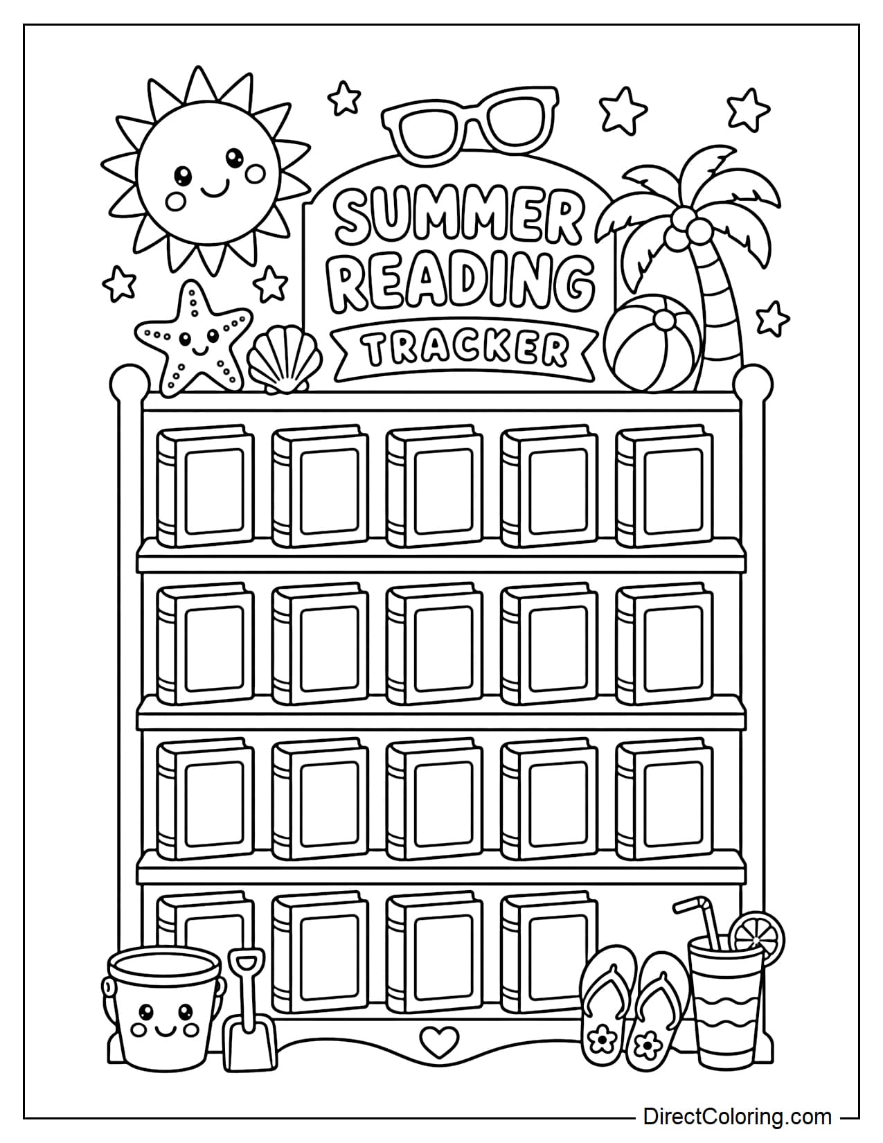 A summer bookshelf with many books neatly arranged on the shelves, topped with a small sun, sunglasses, and some decorative stars.