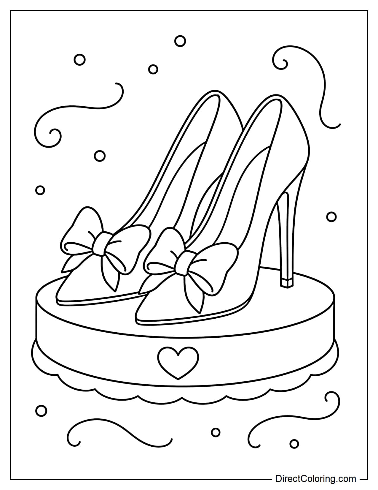 An elegant pair of high heels with large bows on the toes, displayed neatly on a small presentation stand.