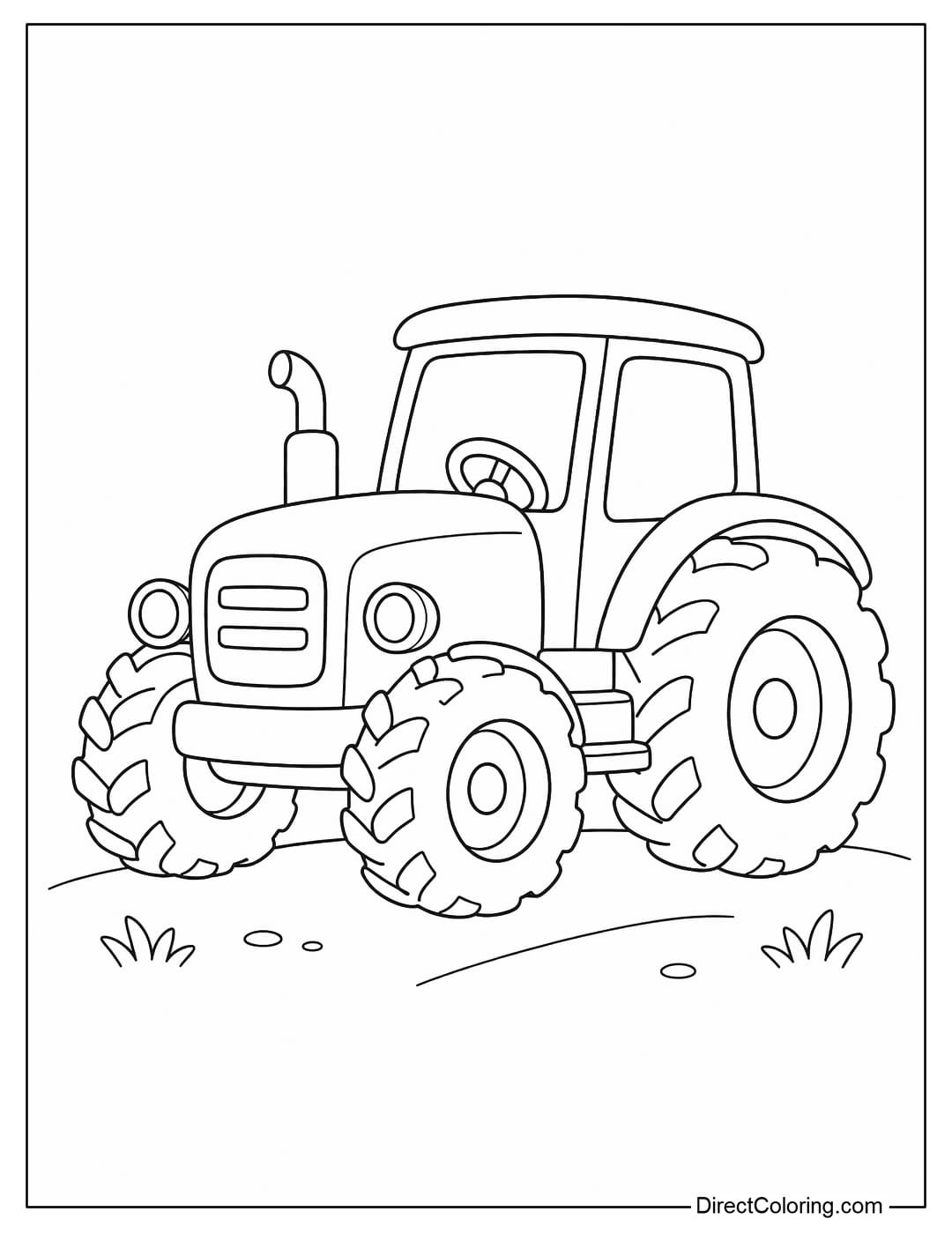 A simple tractor coloring page with large wheels that are easy to color.