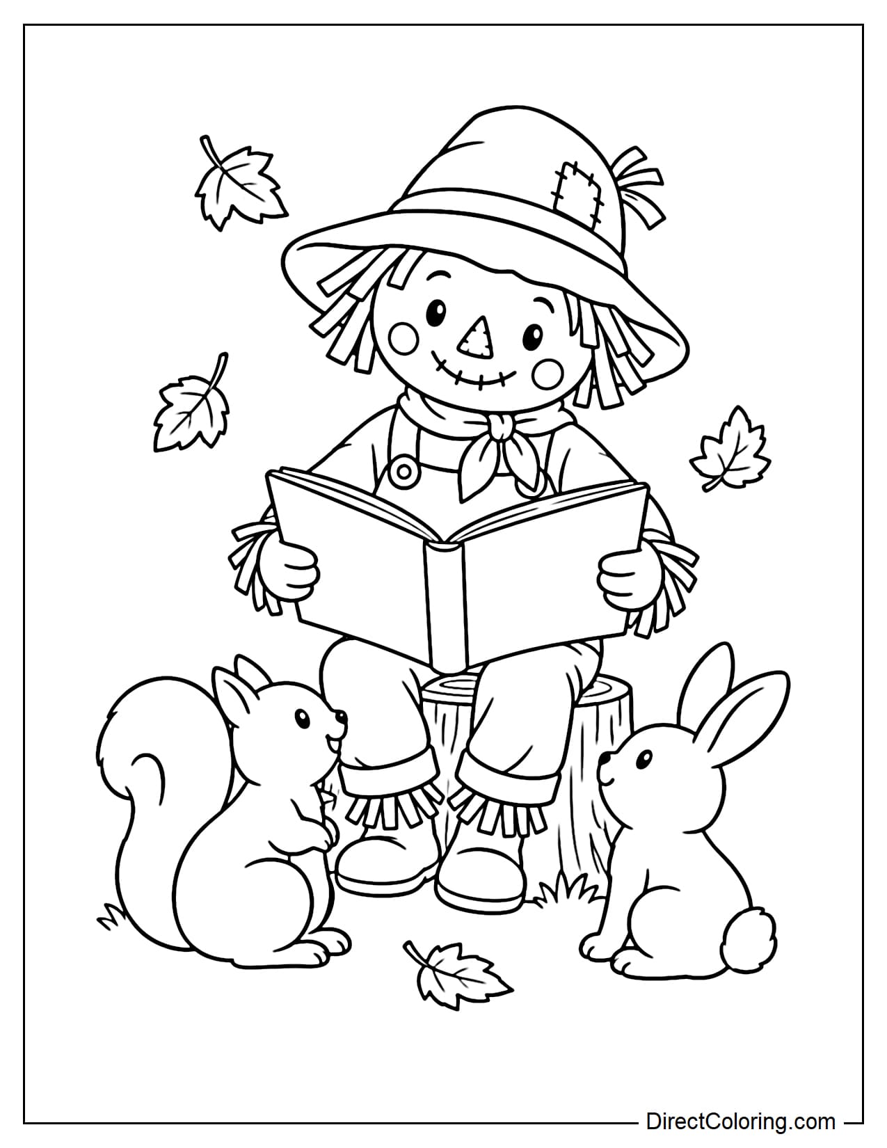 A scarecrow sits on a small tree stump, reading a book to a squirrel and a rabbit sitting in front of it, with a few autumn leaves scattered around.