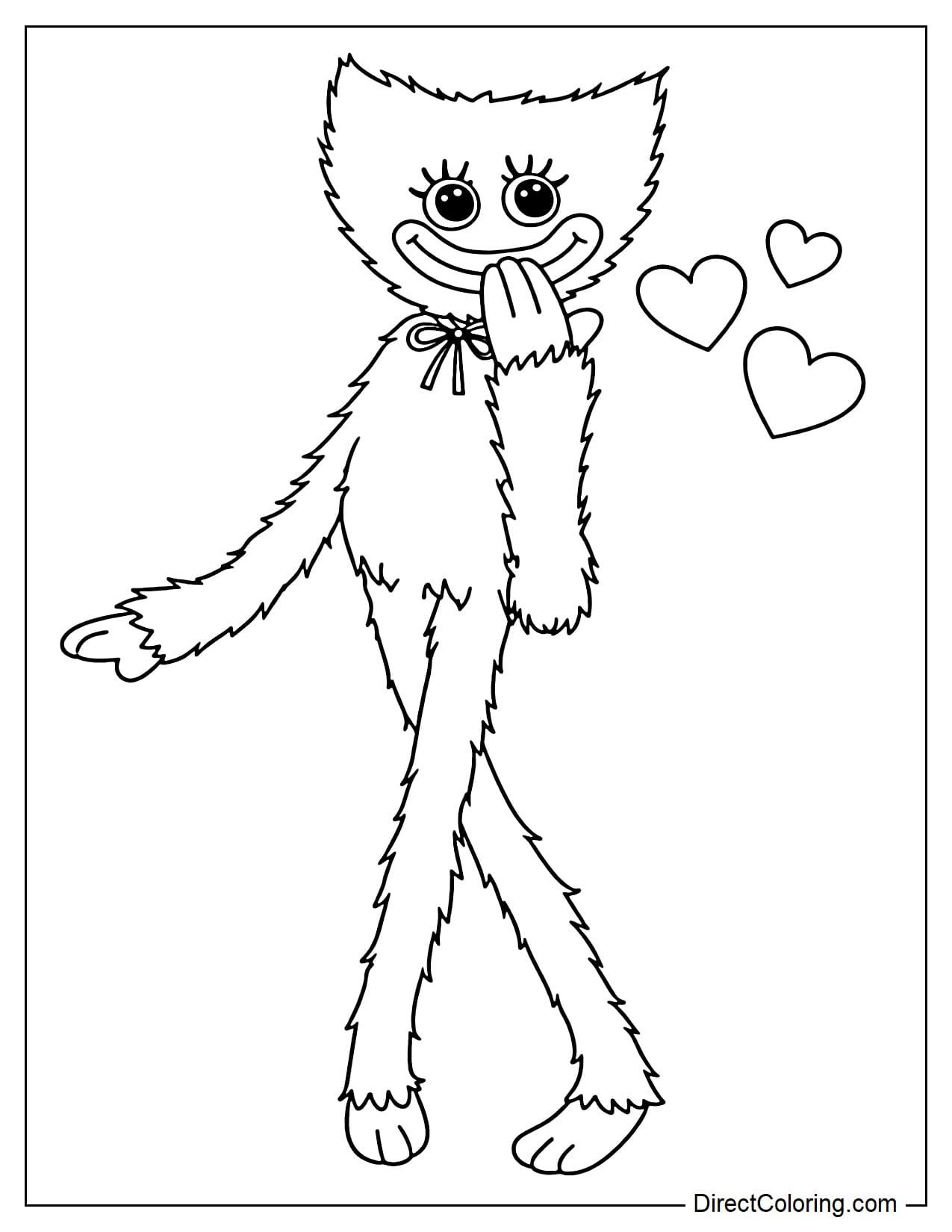 Kissy Missy leans slightly, one hand raised to her mouth as if blowing a kiss, with several heart shapes in front.
