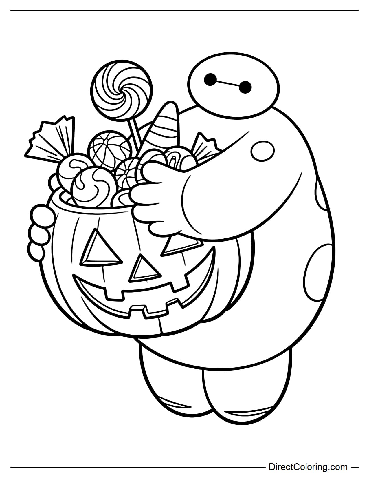 Baymax holds a large Jack-o'-lantern bucket in front of his belly, with a few large pieces of Halloween candy peeking out from inside.